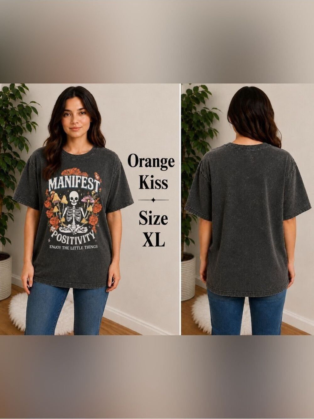 Orange Kiss Manifest Positivity Graphic Tee Size XL Acid Wash Gray Boho Goth - Picture 1 of 12